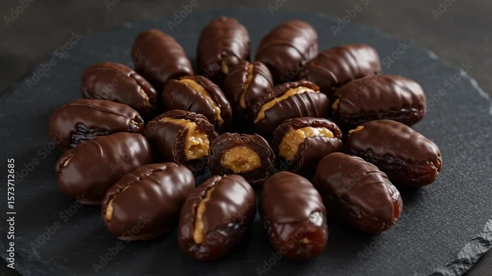 Chocolate-covered dates with nut filling on slate platter Chocolate-covered dates with nut filling on slate platter