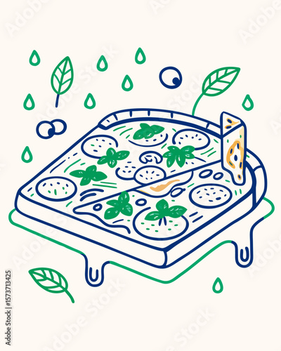 A freshly baked pizza on a wooden board illustration