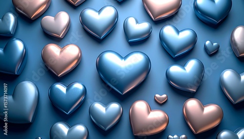 A multitude of glossy heart-shaped objects in soft blue and rose gold hues
