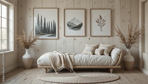  A rustic Scandinavian cabin interior with a simple, natural linen-covered chaise lounge, unbleached cotton bolster, and homespun patterned throw pillows. A hand-knitted wool blanket