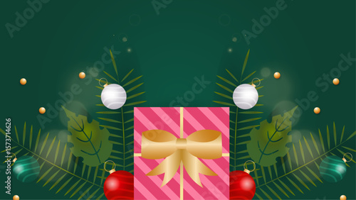 Pink gift bow ornaments leaves decorate a Christmas card, suitable for holiday greeting cards, invitations, social media posts, and festive decorations.