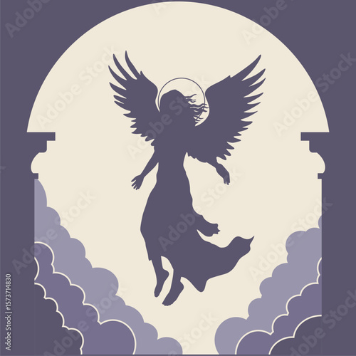 Fantasy woman angel soars in the air with huge bird wings. Girl in levitation flies. Lady goddess in dress, fabric waving fluttering in motion. Arch doorway and clouds