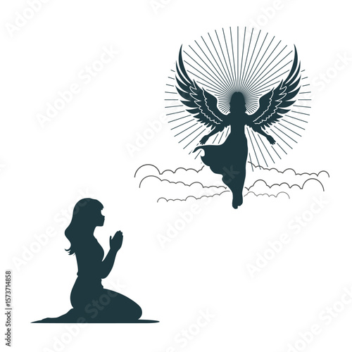 Fantasy woman angel soars in the air with huge bird wings. Girl in levitation flies. Lady goddess in dress, fabric waving fluttering in motion. Goddess girl descends from the sky to praying woman