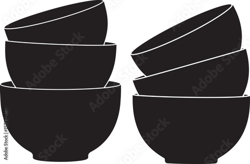 Three stacked ceramic bowls in a clean black silhouette design