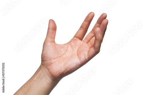 open hand reaching up on white background