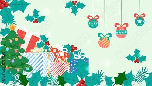 Christmas decor with gifts, ornaments, and holly. Perfect for holiday greeting cards, festive social media posts, or seasonal blog articles.