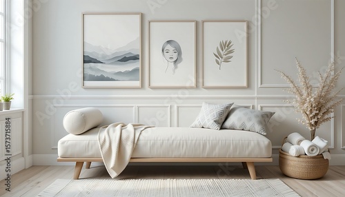  A serene Scandinavian reading corner with a comfortable light beige linen chaise lounge, a round bolster pillow, and a mix of patterned and solid neutral throw pillows. 