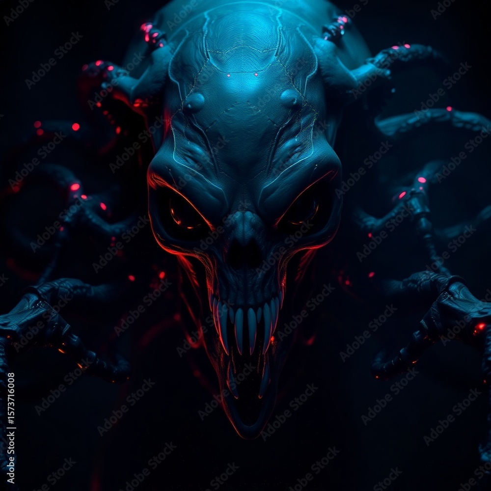 Naklejka premium Eerie Bioluminescent Alien Creature: Emerging from DarknessEerie Bioluminescent Alien Creature: Emerging from Darkness