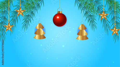 Festive holiday decorations with hanging Christmas ornaments on branches, perfect for seasonal graphic design projects and winterthemed marketing materials.