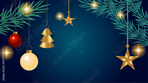 Christmas ornaments gold stars and pine branches, perfect for holiday greeting cards, social media posts, and festive design projects.