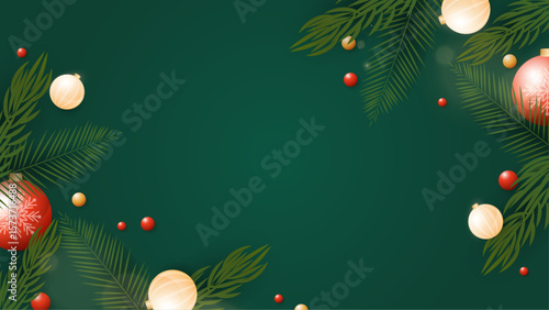 Festive holiday theme with Christmas ornaments and tropical palm leaves, perfect for holiday greetings cards, social media posts, and websites.