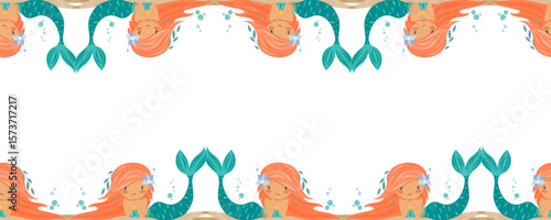 Vector marine border with cute red haired mermaids and bubbles at the top and bottom. Ideal for packaging, fabric, stationery and ocean themed collections