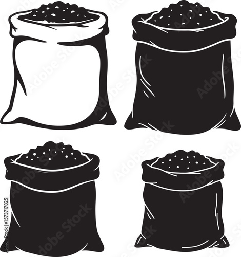 Silhouette of a burlap sack overflowing with a dark mysterious substance