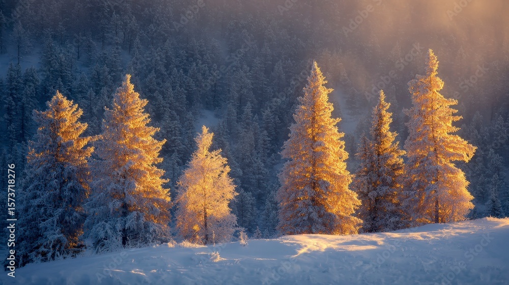 Fototapeta premium Frosty Winter Landscape with Snow-Covered Trees in Golden Light