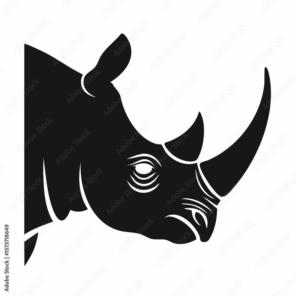 Fototapeta premium Silhouette of a rhinoceros' head, captured from the side, with its large horn, strong face, and tough skin texture, showcasi