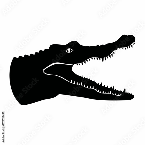 Silhouette of a crocodile's head, photographed from the side, showing its long, toothy snout and powerful jaw structure