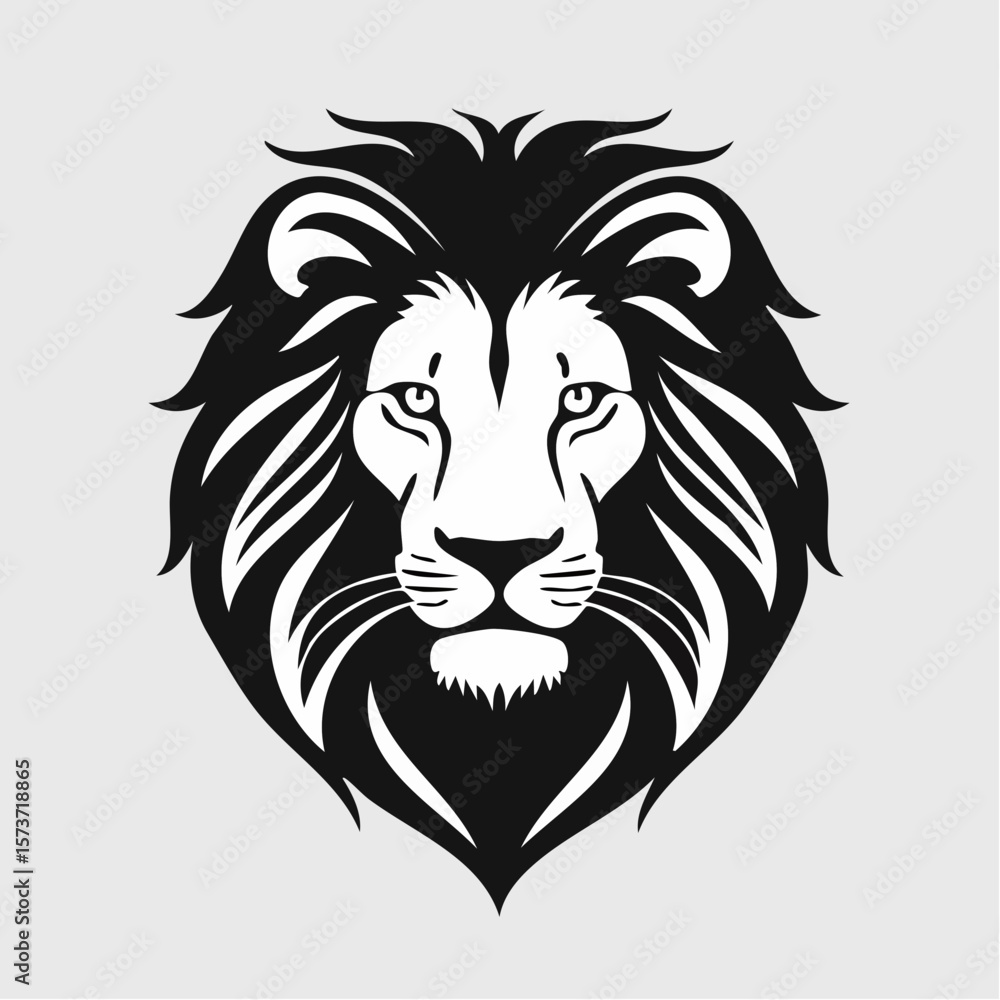 Fototapeta premium Siluette of a lion's head, showing its powerful mane and intense gaze, with sharp details on the facial features