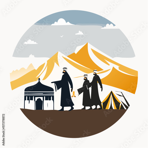 Siluette of the Hajj journey at Mina, with people in Ihram walking towards Jamarat to throw pebbles, with tents