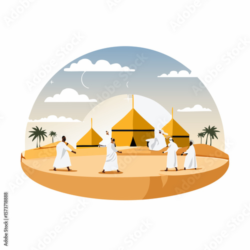 Siluette of the Hajj journey at Mina, with people in Ihram walking towards Jamarat to throw pebbles, with tents