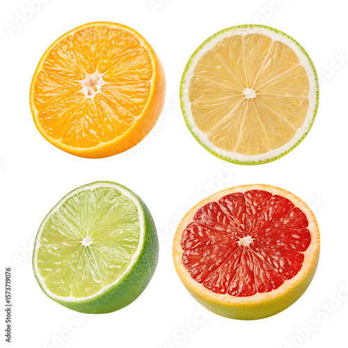 Four citrus fruit halves orange lemon lime grapefruit isolated on transparent background