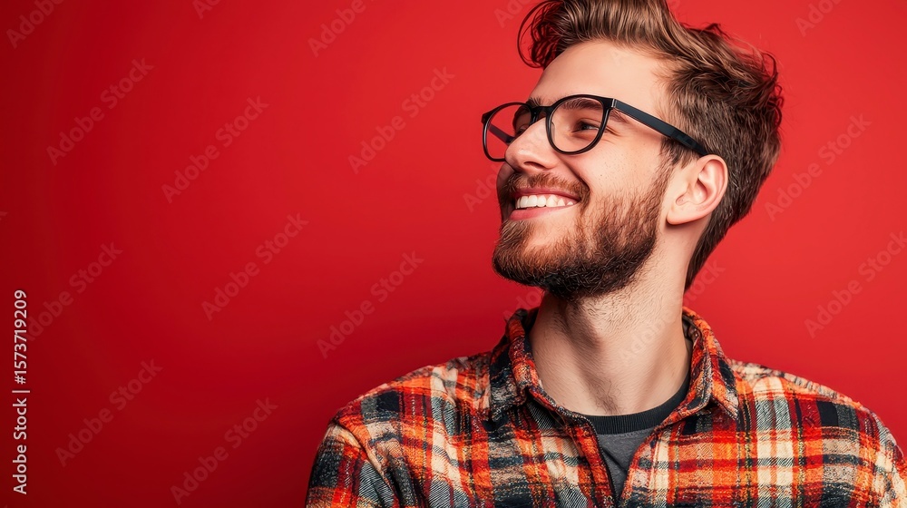 Obraz premium Cheerful young man in plaid shirt against vibrant red backdrop