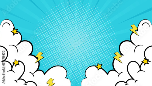 Vibrant blue pop art background with stars and lightning bolts suitable for bold design projects, posters, or eyecatching retrothemed presentations.
