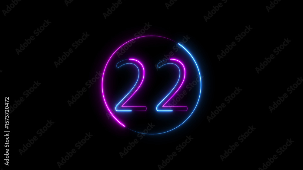 Glowing neon number twenty two inside a circular frame on black background Glowing neon number twenty two inside a circular frame on black background