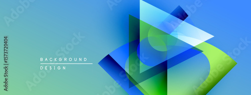 Abstract geometric shapes overlap, creating vibrant blue, green gradients. Modern design elements suggest technology, innovation. Smooth transitions define composition.
