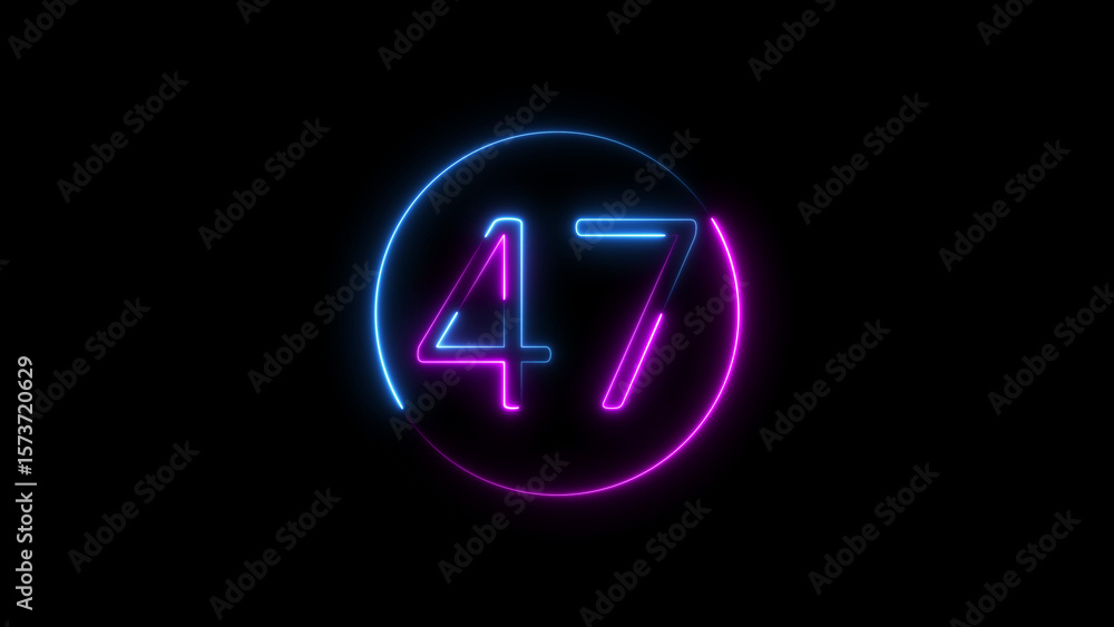 Glowing neon number forty seven centered in circle shape on black background Glowing neon number forty seven centered in circle shape on black background