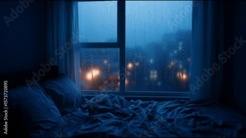 Cozy bedroom on a rainy night with city lights seen through the window