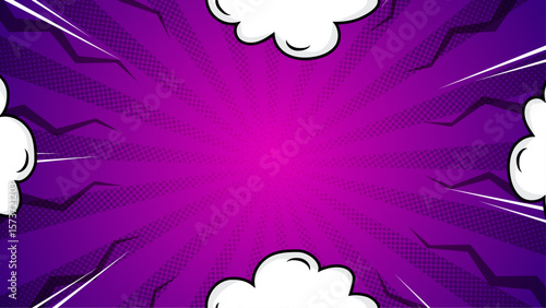 Purple comic book background with speech bubbles and radiating lines. Perfect for graphic designs, digital projects, and creative storytelling layouts.