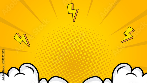 Yellow pop art background with lightning bolts and speech bubbles. Perfect for dynamic presentations, comics, retro designs, and creative projects.