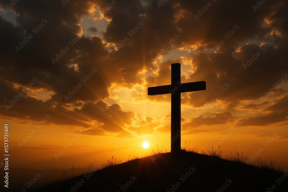 Illuminated wooden cross silhouette against dramatic sunrise sky with golden rays breaking through morning clouds Illuminated wooden cross silhouette against dramatic sunrise sky with golden rays breaking through morning clouds