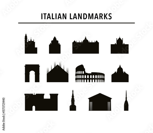 Italy landmarks, famous buildings vector icon collection. Isolated black and white clip art, badge of tower, arc, cathedral, palace contours. Pack for web design, infographics