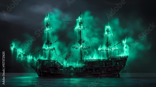 An eerie, ghostly galleon with glowing emerald energy drifts across calm water under a dark sky