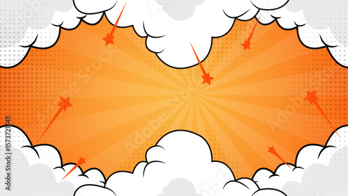 Orange comic book explosion with radiating lines and stars, suitable for high-energy designs, superhero themes, dynamic illustrations, and graphic projects.