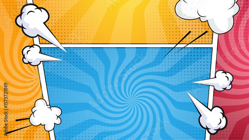 Colorful comic book panel with action filled speech bubbles suitable for graphic novels, children's books, promotional material, and social media content.