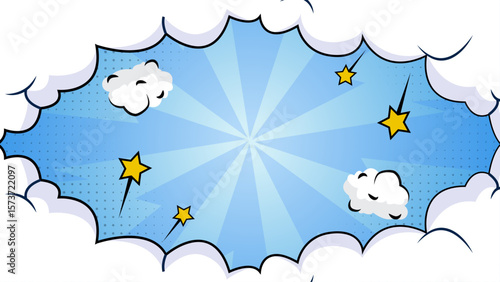 Blue comic book style explosion with stars and clouds, suitable for graphic design projects, comic book illustrations, and explosive themed designs.