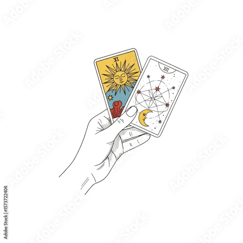 A hand holds two tarot cards, one featuring the sun and the other the moon, representing a choice or a reading.