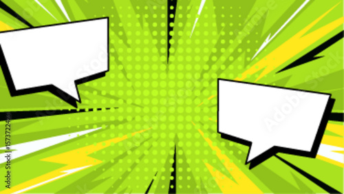 Vibrant green comic book explosion w/ speech bubbles. Perfect for dynamic designs, comic book illustrations, and social media graphics.