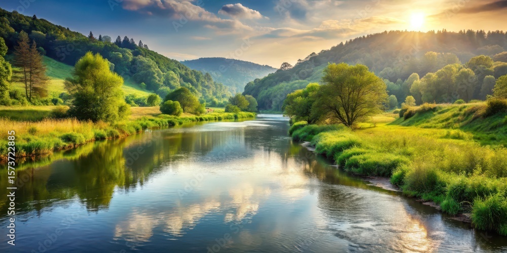 Obraz premium A smooth river flowing gently through a serene landscape with lush greenery and sunlit hills