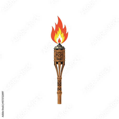 A stylized tiki torch with a burning flame, showcasing intricate Maori-inspired carvings.