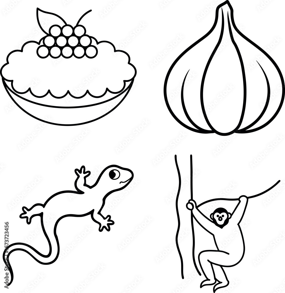 Naklejka premium Garlic Pie Lizard and Cat Doodle Vector Collection