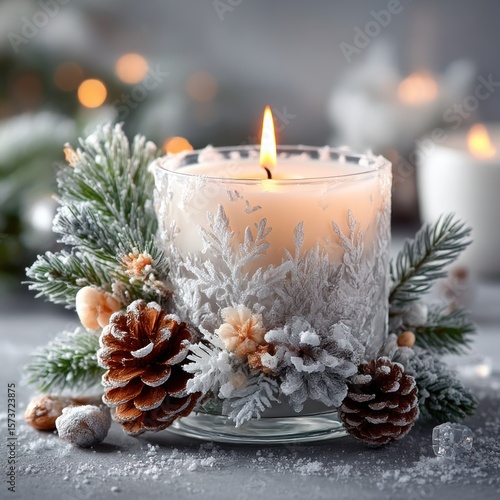 Festive candle with winter decor