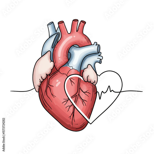 anatomical heart with heartbeat line art clip art preview