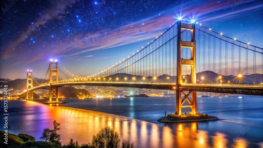 Fototapeta premium Nighttime Tsing Ma bridge with stars