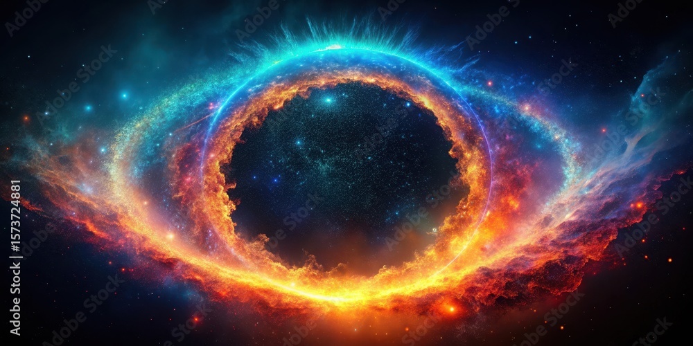 Obraz premium A cosmic ring of colorful particles against a dark sky with a fiery gradient background