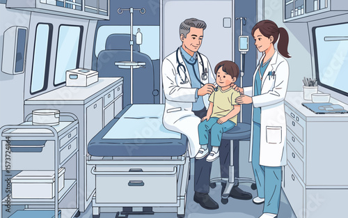 Doctor Examining a Child in a Mobile Clinic Setting.