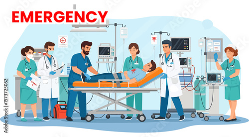 Medical Team Attending to Patient in Emergency Room with Equipment and Monitors.
