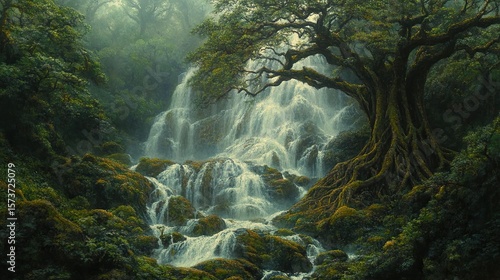 Misty jungle waterfall cascades behind ancient tree